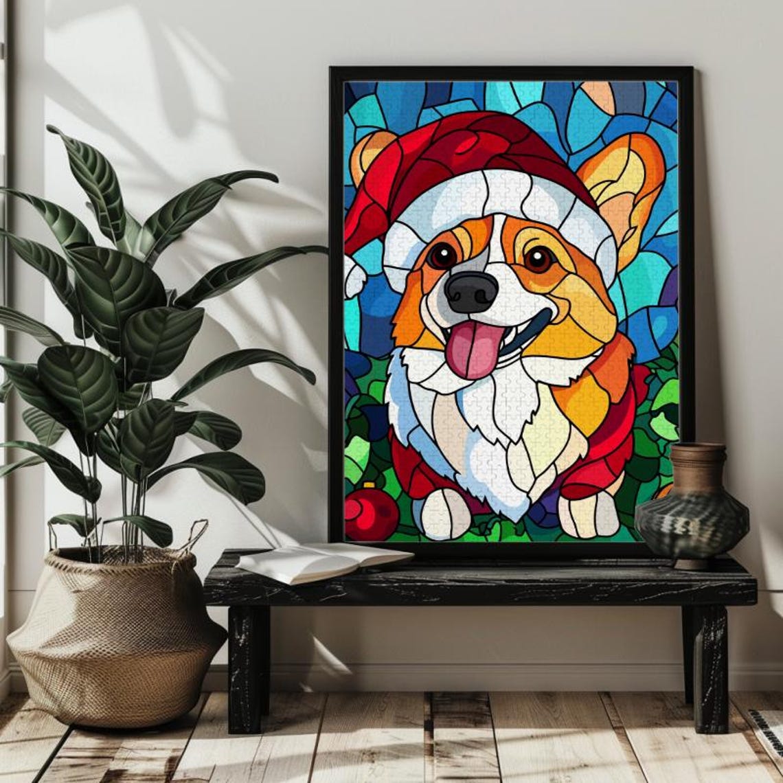 Happy Corgi In Santa Hat Stained Glass Style Christmas Dog Poster - Image 4