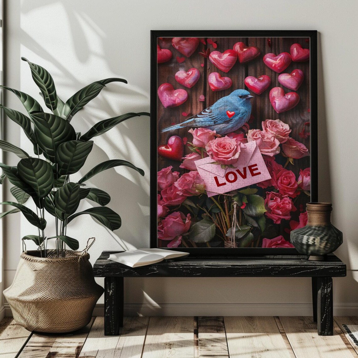 LOVE Sign Bluebird Red Hearts Roses Bouquet Rustic Wood Poster - Image 3