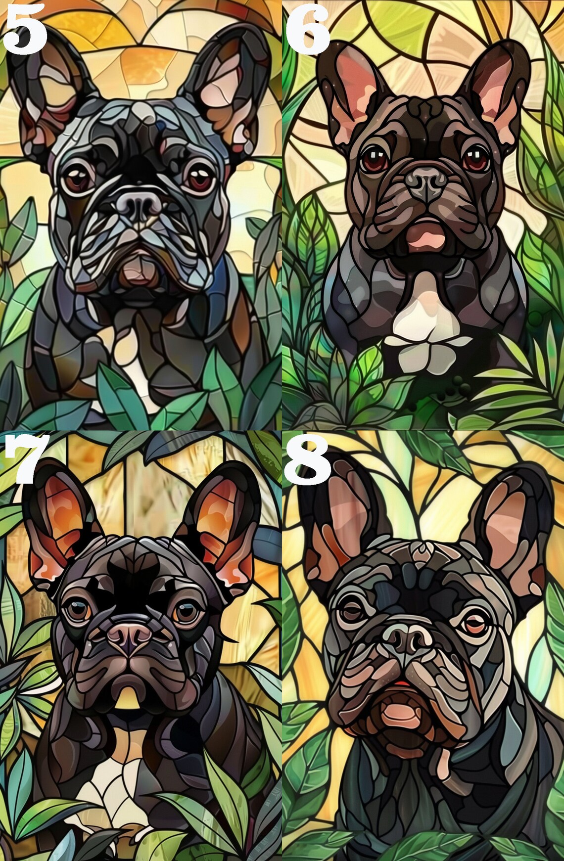 Stained Glass French Bulldog Portrait Green Leaves Art Poster - Image 4