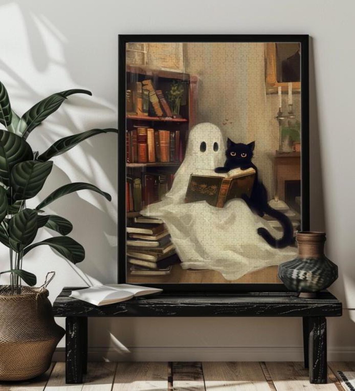 Ghost In Library Halloween Art Print, Spooky Decor
