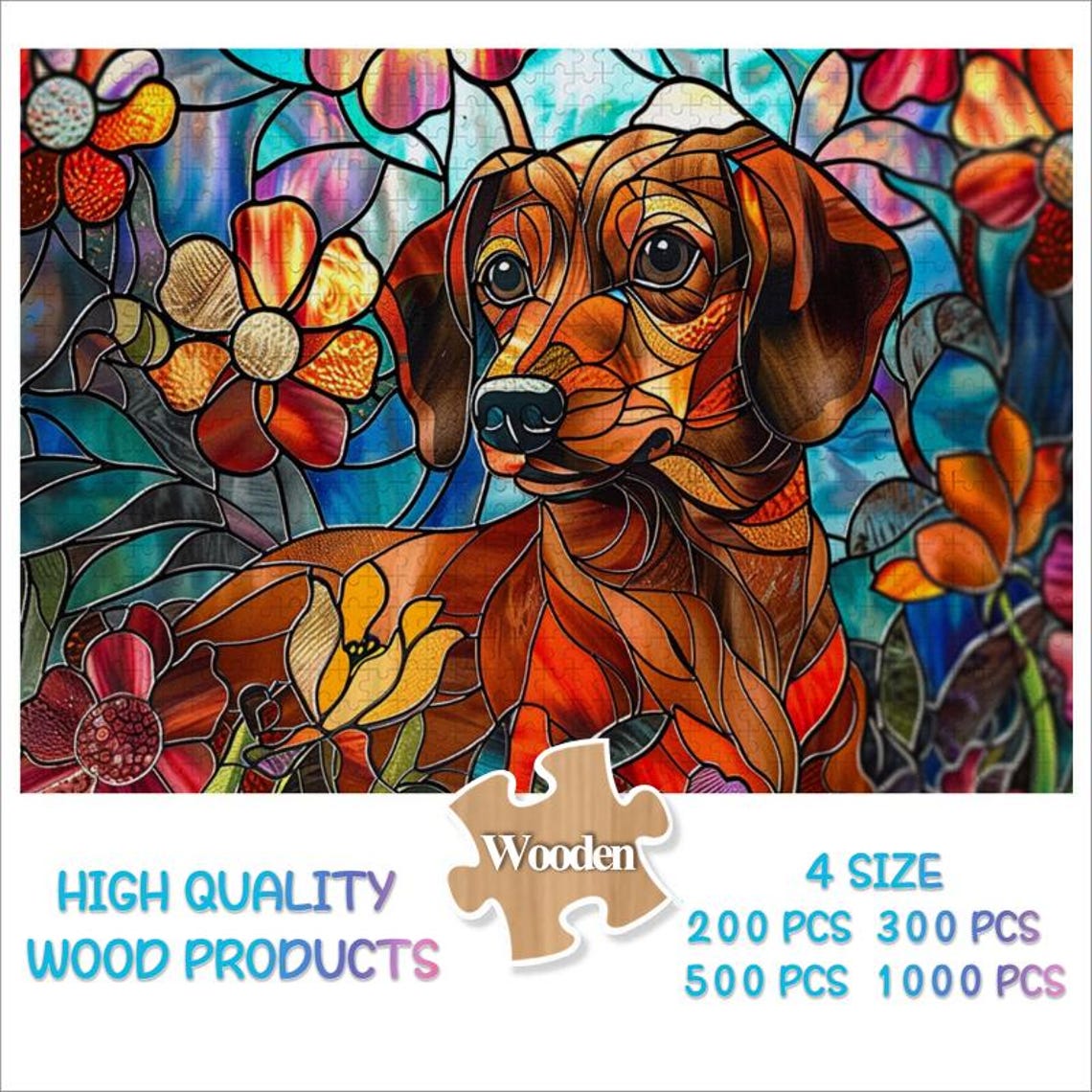 Stained Glass Dachshund Portrait with Colorful Flowers Poster - Image 3