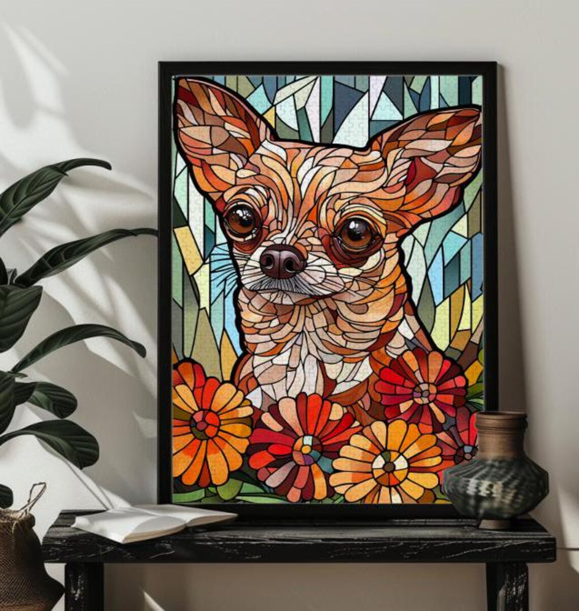 Sweet Stained Glass Chihuahua Portrait with Bright Flowers Poster - Image 3