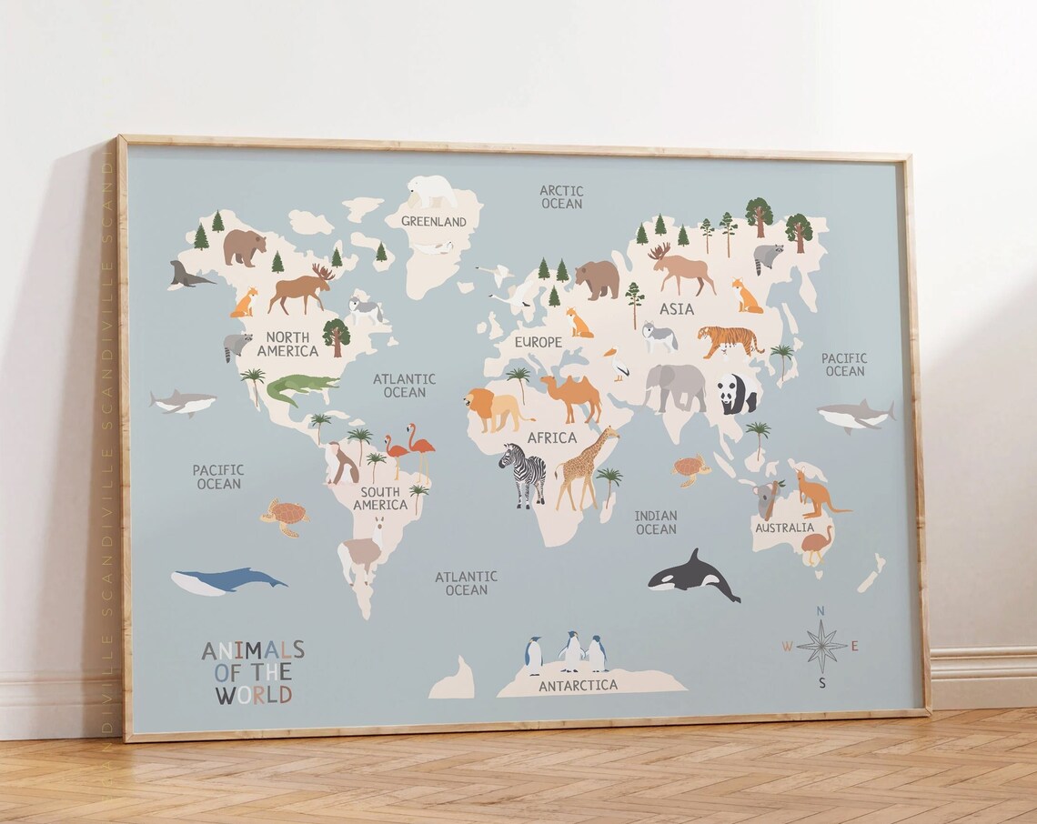 Animals World Map Kids Educational World Map Print
