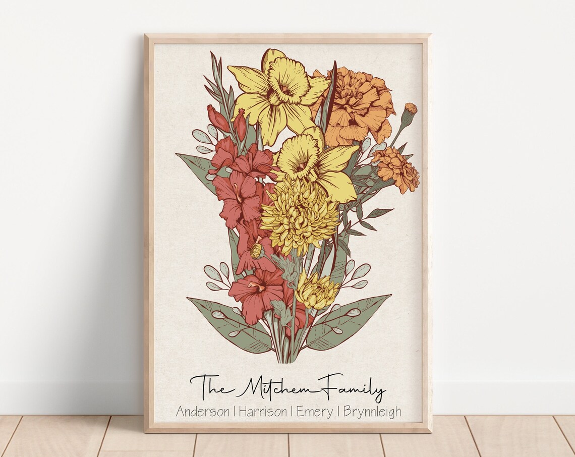 Grandma Birth Flower Bouquet, Personalized Floral Art