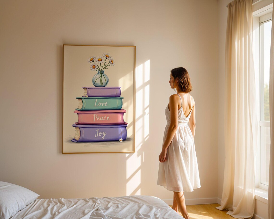 Love Peace Joy Stacked Books Daisy Vase Pastel Quote Wall Art - Image 4