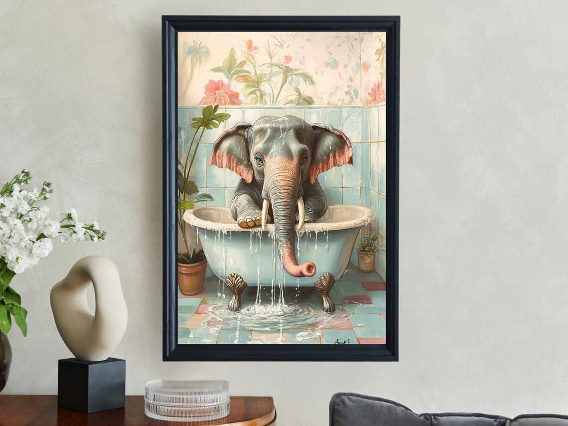 Playful Elephant Splashing In Bathtub Whimsical Colorful Animal Poster - Image 2