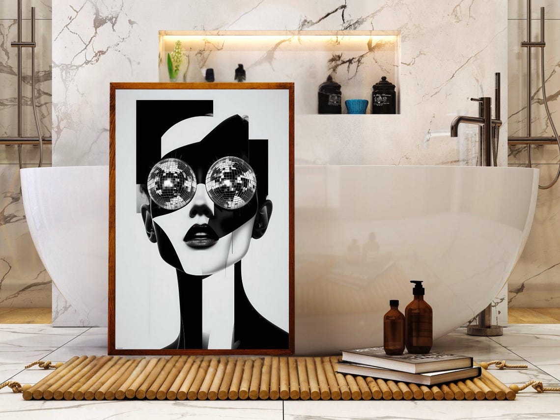 Abstract Woman With Disco Ball Eyes Black White Pop Art Poster - Image 4