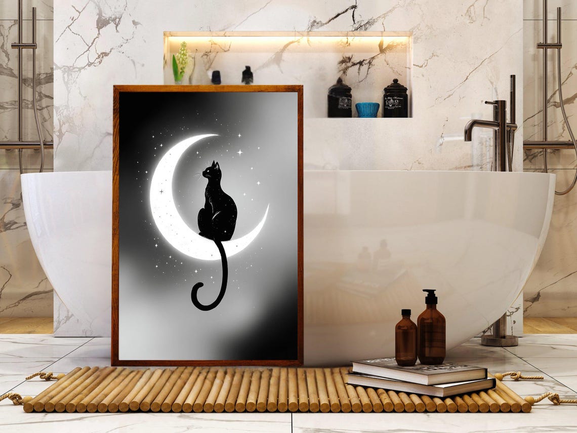 Black Cat Silhouette Sitting on a Crescent Moon in a Starry Sky Poster - Image 4