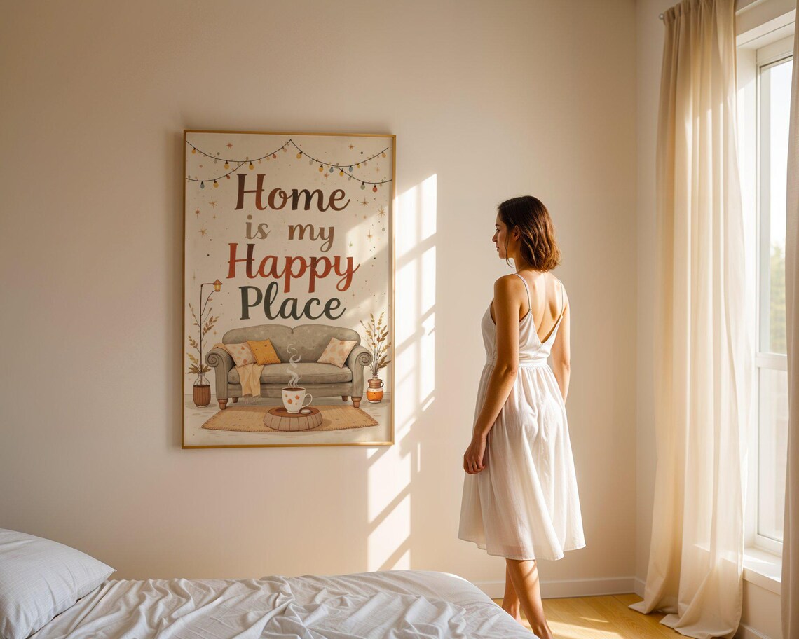Home Is My Happy Place Cozy Sofa Living Room Warm Rustic Home Decor Wall Art - Image 5