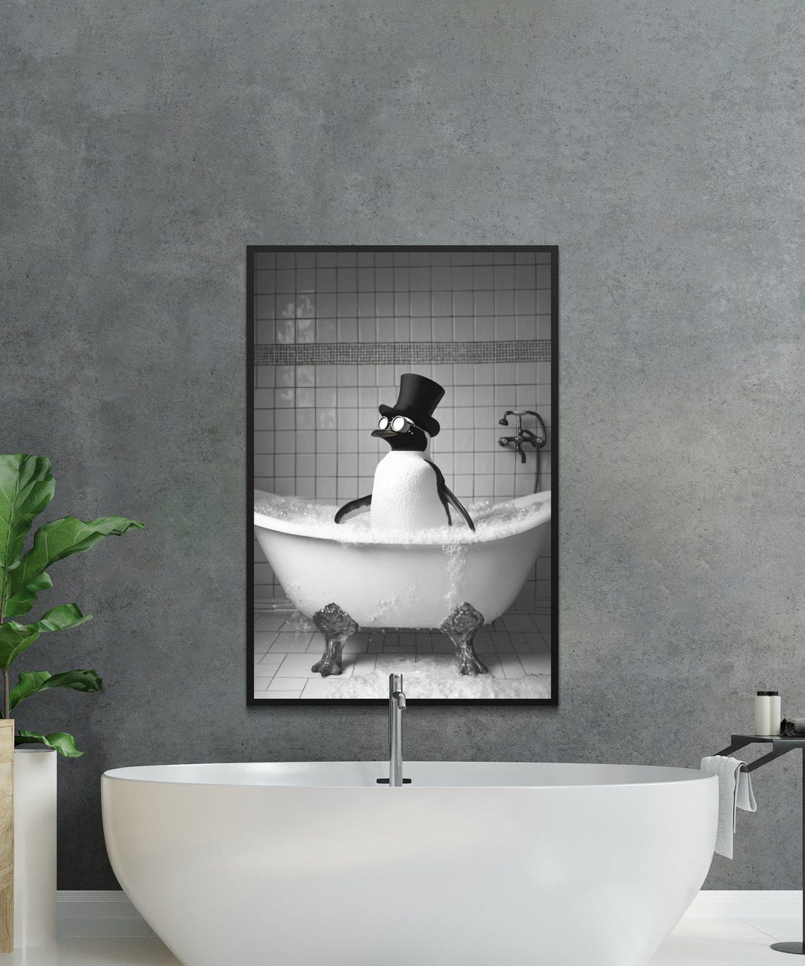 Dapper Penguin in Top Hat Relaxing in Bubble Bath Vintage Poster - Image 2