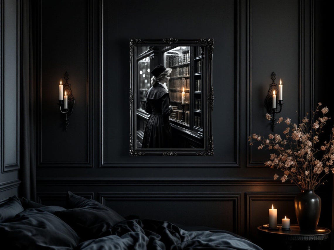 Victorian Woman Browsing In A Candlelit Bookstore At Night Poster - Image 3