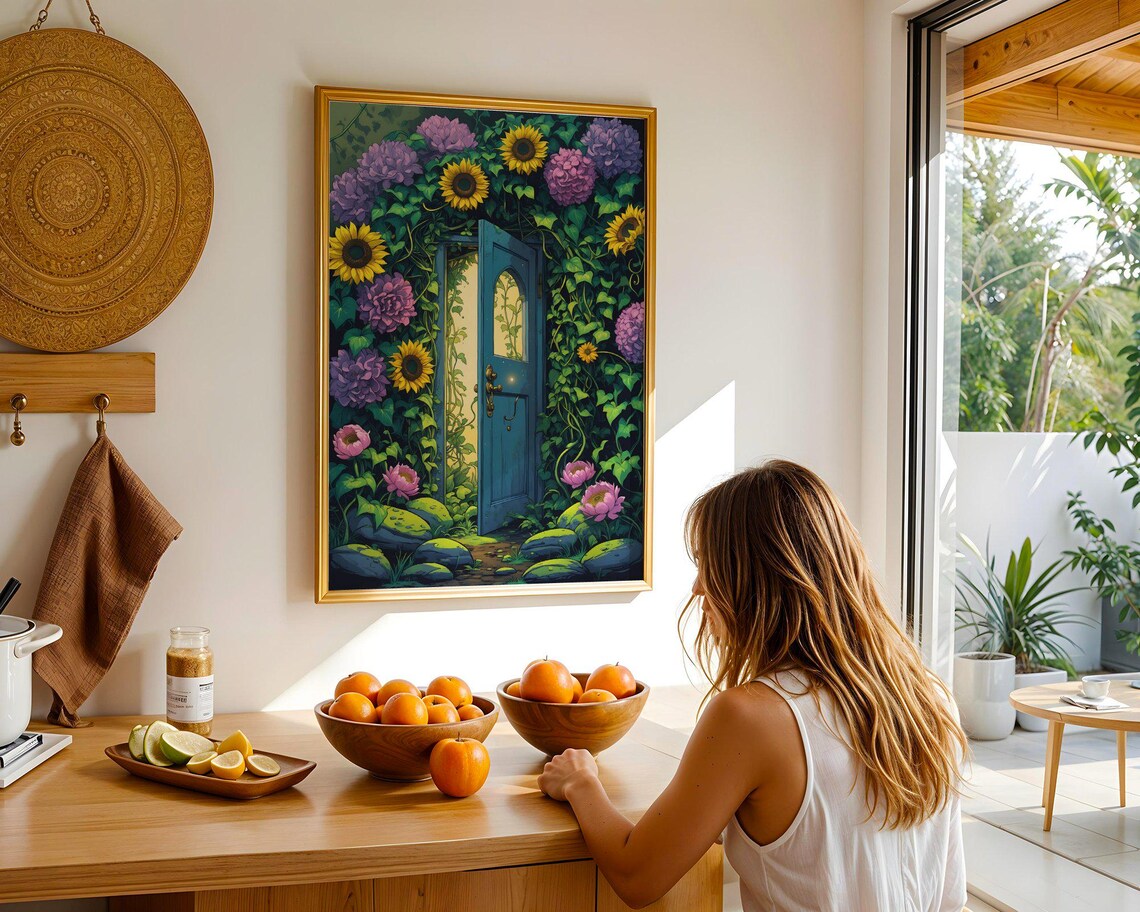 Blue Door Secret Garden Sunflowers Ivy Blooms Fantasy Art Print - Image 2