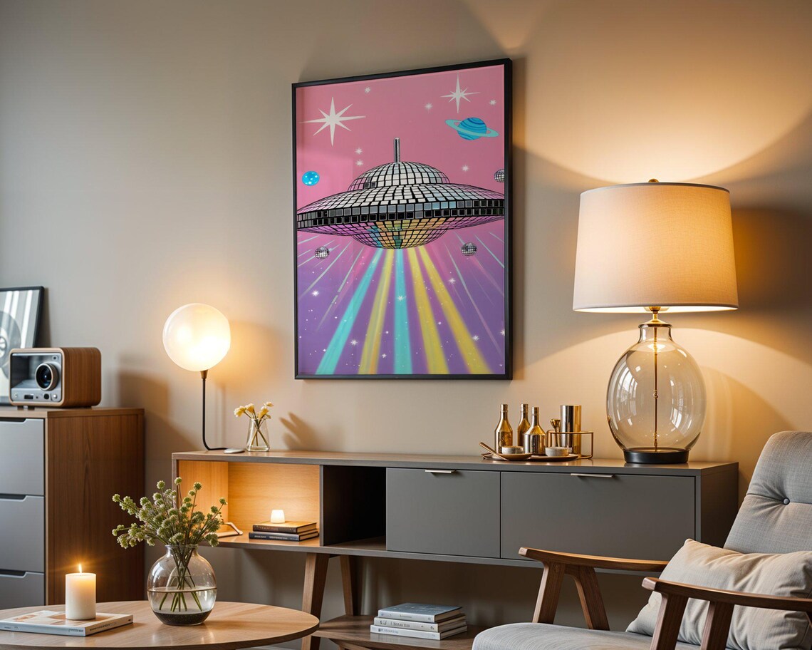 Retro Disco Ball UFO Over a Pink Sky With Rainbow Beams Sci-Fi Wall Poster - Image 4