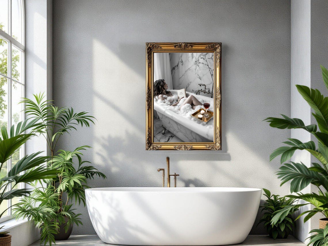 Woman Reading In A Bubble Bath With Wine And Candle Tray Poster - Image 2