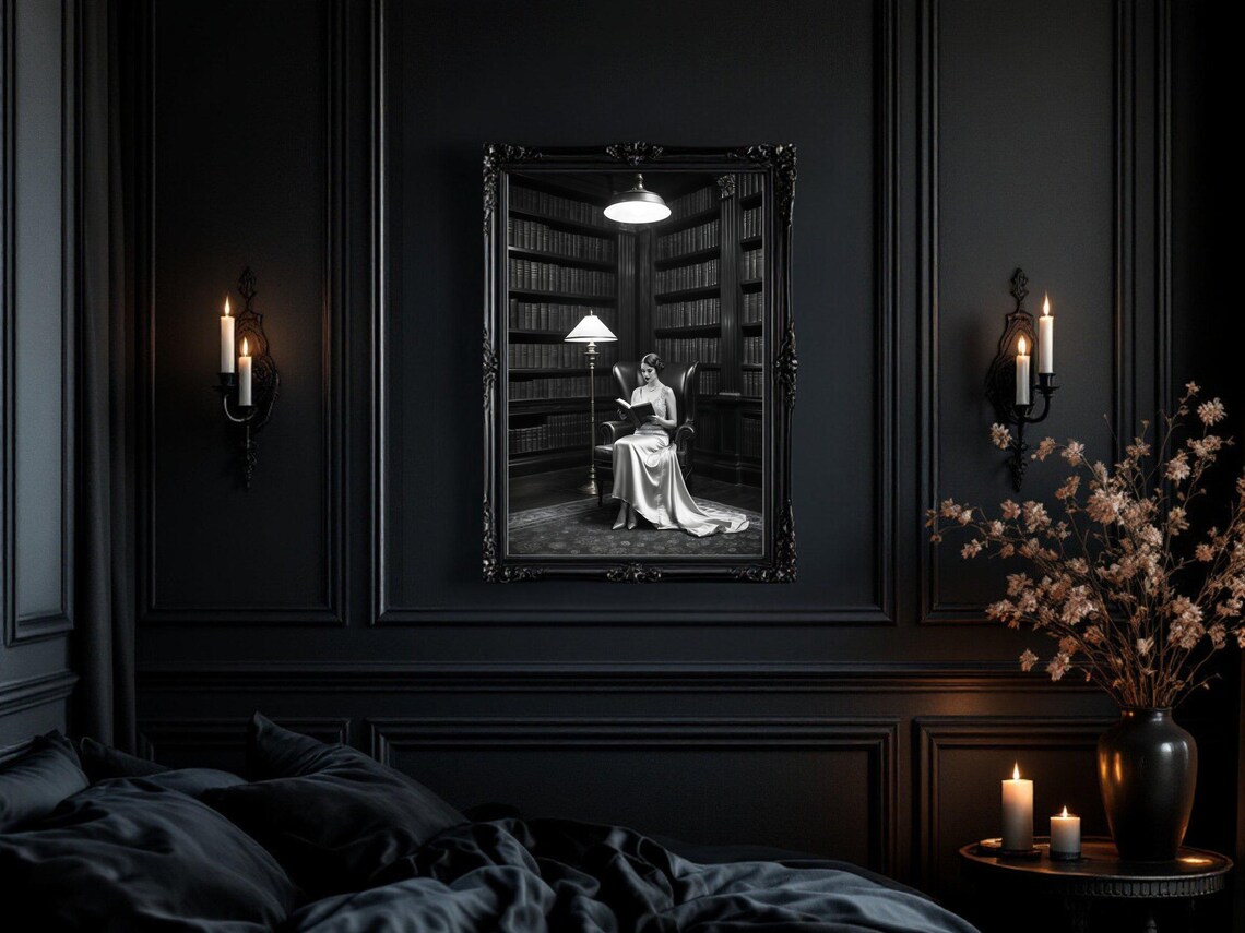 Woman In Satin Gown Reading Alone In A Vast Dark Library Poster - Image 3