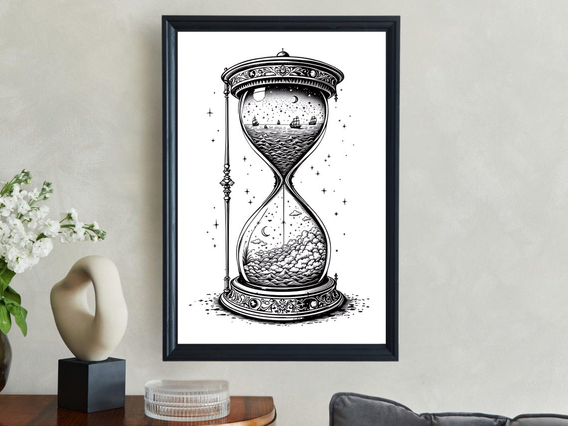 Vintage Hourglass Ocean Scene Print Nautical Wall Art Black And White Home Decor Unique Art Poster Sea Landscape Illustration