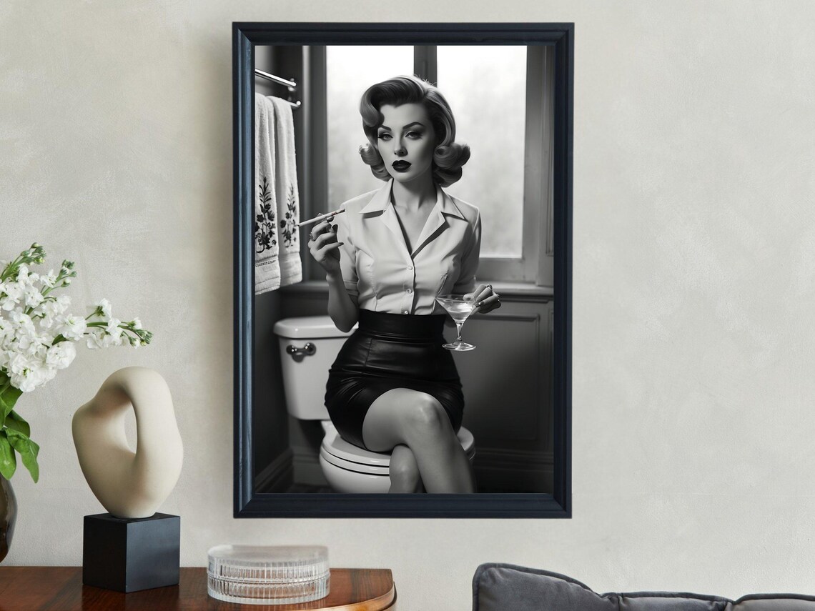 Retro Pin Up Woman With a Martini Sitting on a Toilet Poster - Image 4
