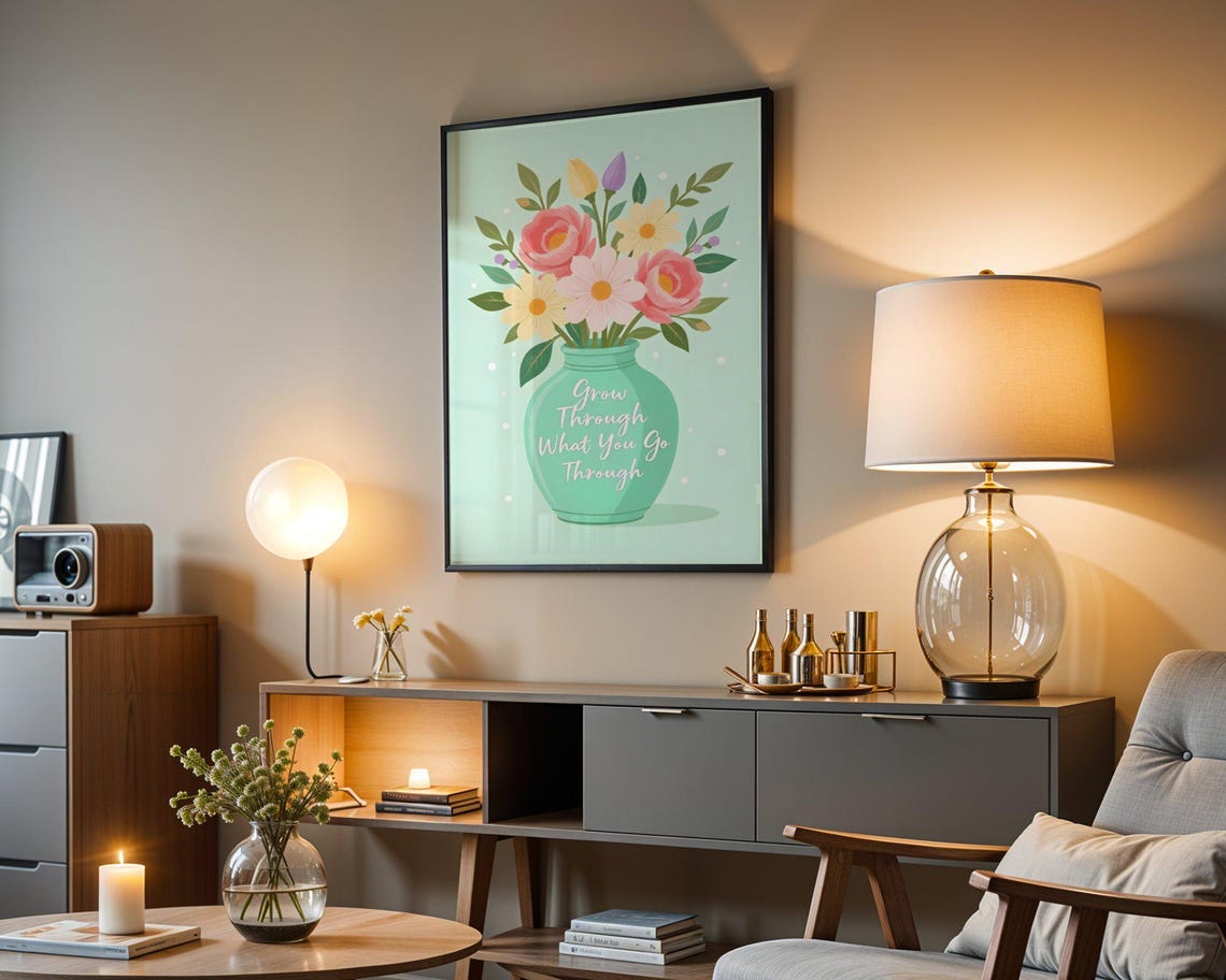 Grow Through What You Go Through Floral Vase Mint Quote Poster - Image 3