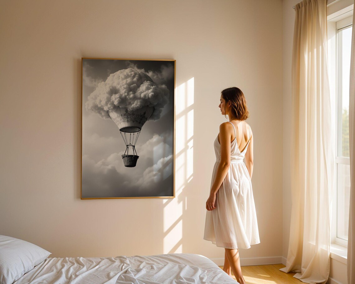Dreamy Cloud Balloon Surreal Monochrome Hot Air Adventure Poster - Image 5