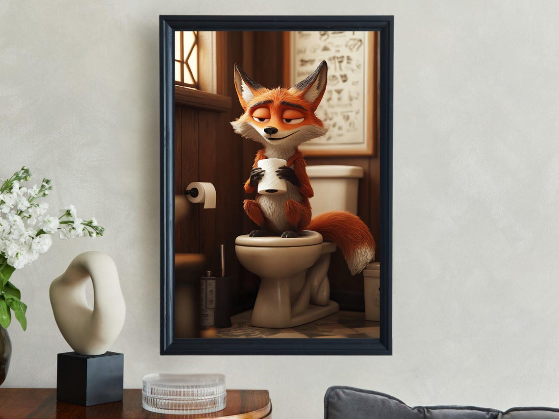 Cute Fox Sitting On Toilet Holding Toilet Paper Funny Bathroom Poster - Image 2