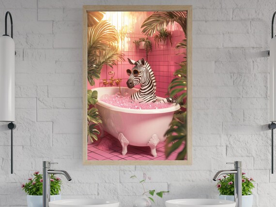 Zebra in Sunglasses in a Pink Bathtub Tropical Bathroom Poster