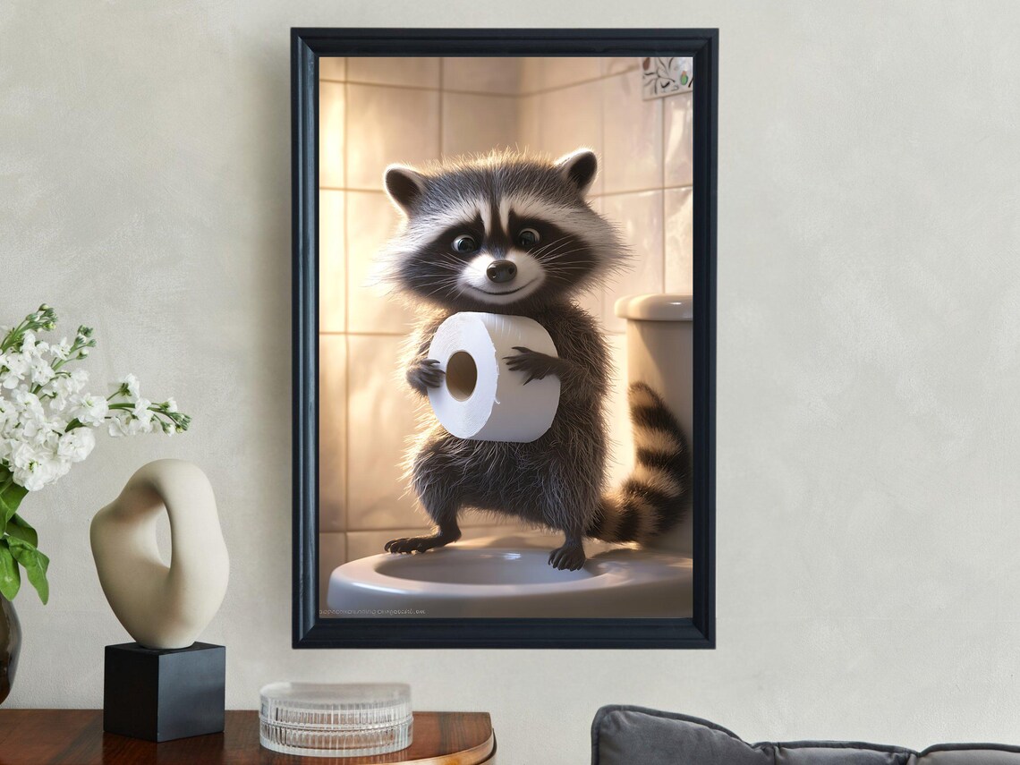 Adorable Baby Raccoon Holding Toilet Paper on the Toilet Poster - Image 2