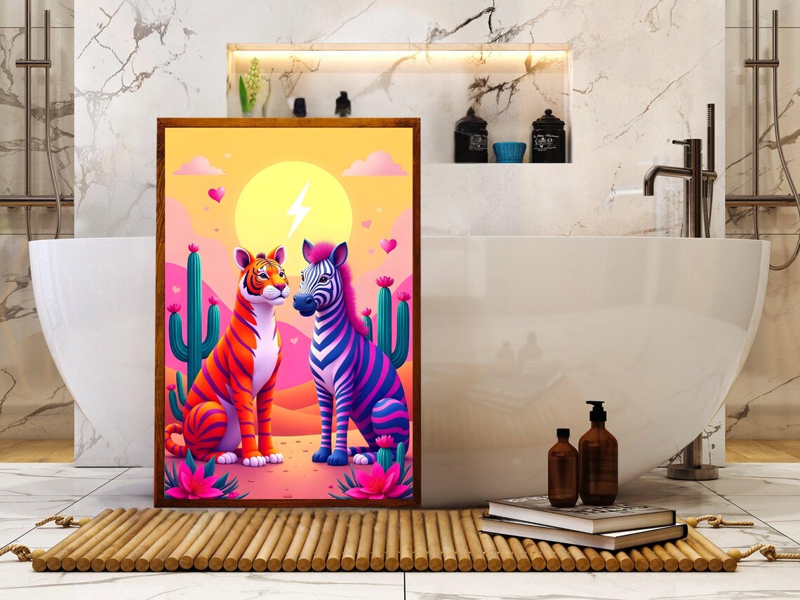 Colorful Tiger and Zebra Friends at Sunset Desert Cactus Art Poster - Image 2