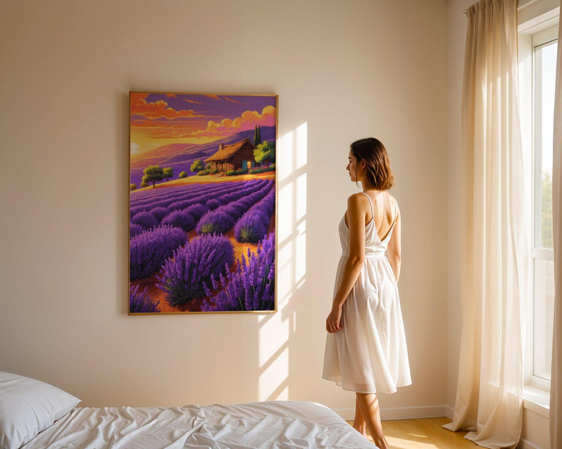 Lavender Field Sunset Rustic Cabin Golden Mountain Art Print - Image 4