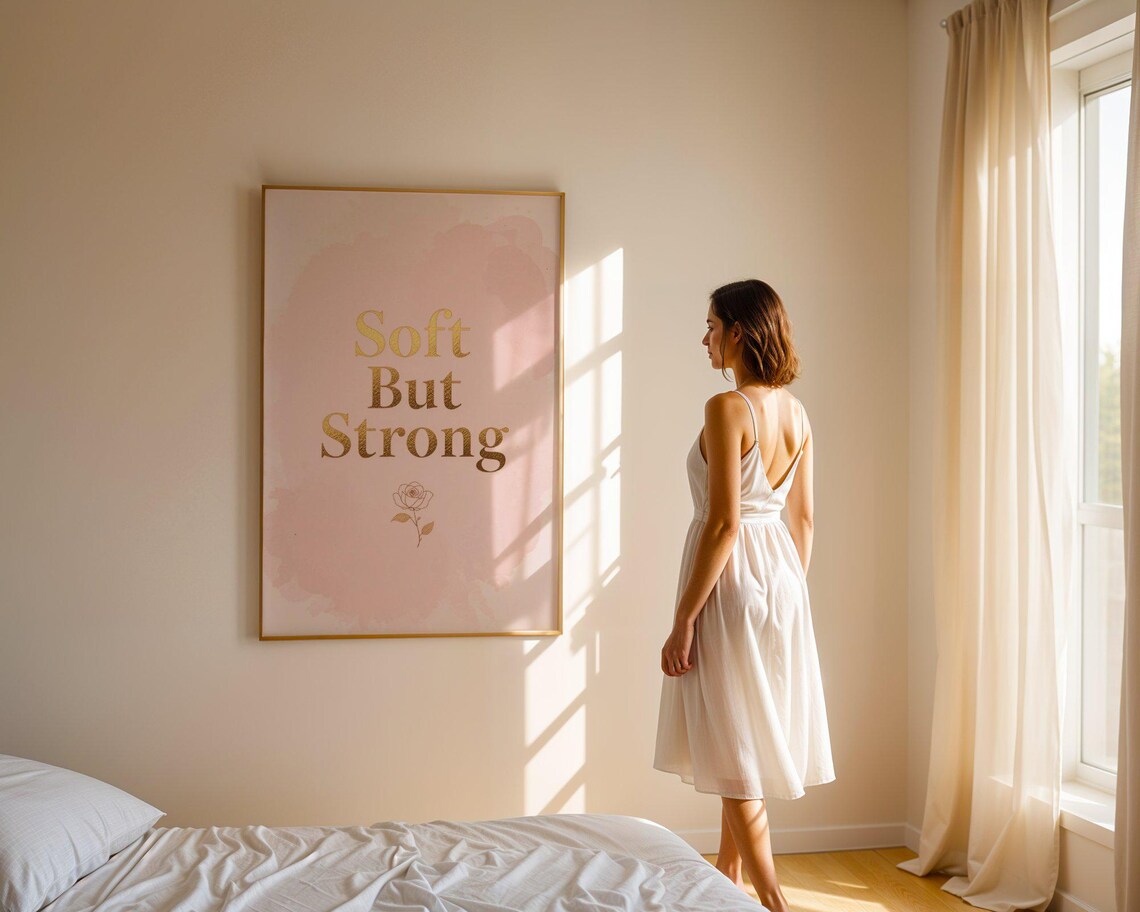 Soft But Strong Blush Gold Minimalist Floral Feminine Quote Wall Poster - Image 5