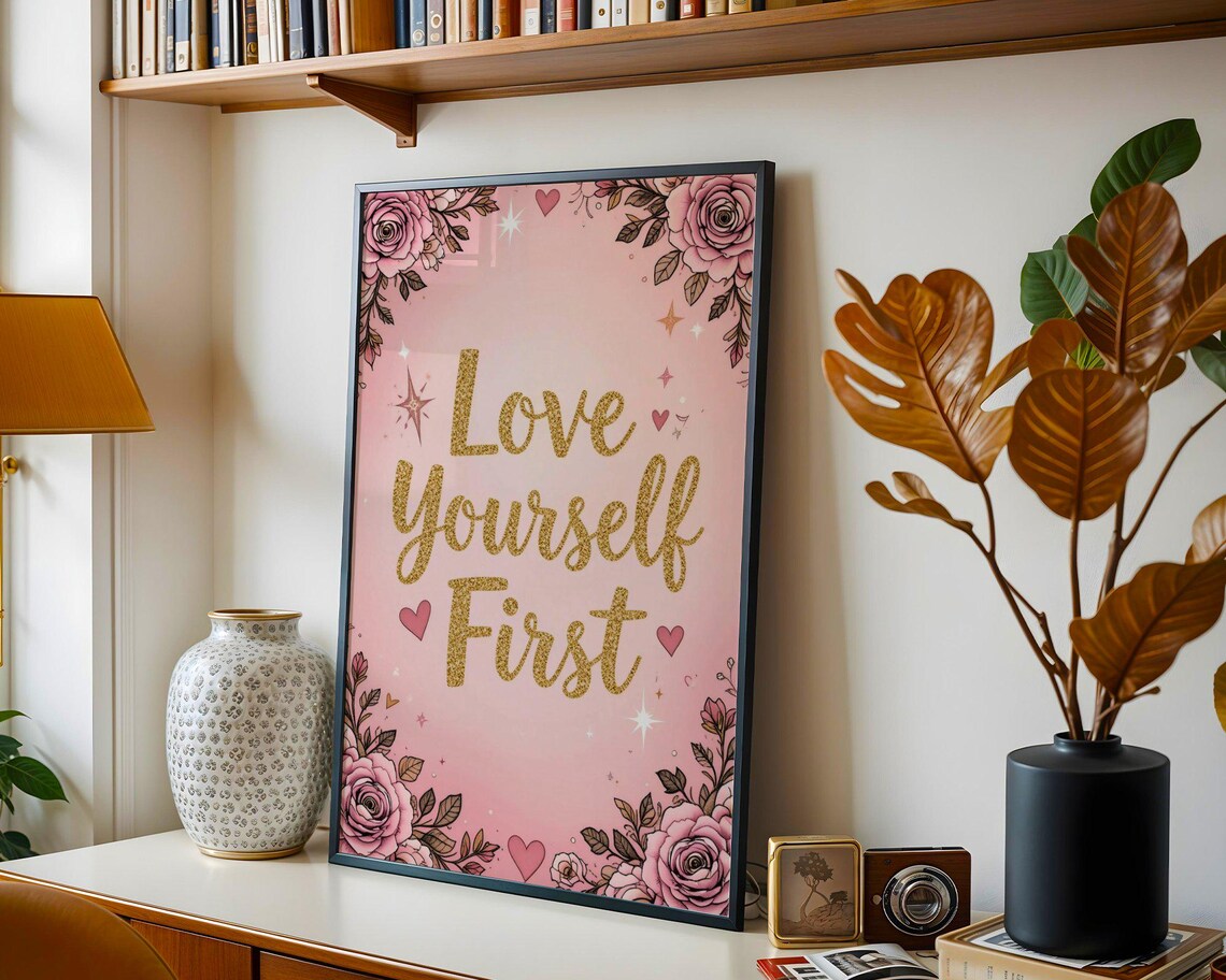 Love Yourself First Pink Gold Floral Glitter Inspirational Self Love Quote Poster - Image 3