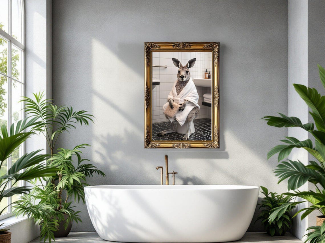 Kangaroo in a Bathrobe Sitting on a Toilet Holding a Sponge Poster - Image 2