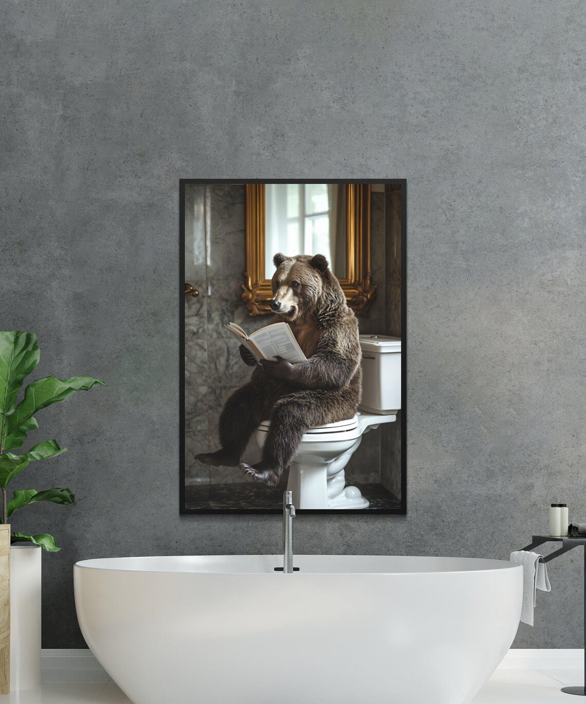 Bear Sitting on a Toilet Reading a Book in a Marble Bathroom Poster - Image 2