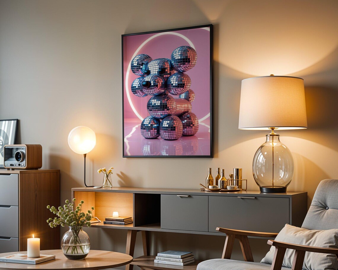 Teddy Bear Built From Mirror Balls in a Pink Neon Glow Party Scene Poster - Image 4