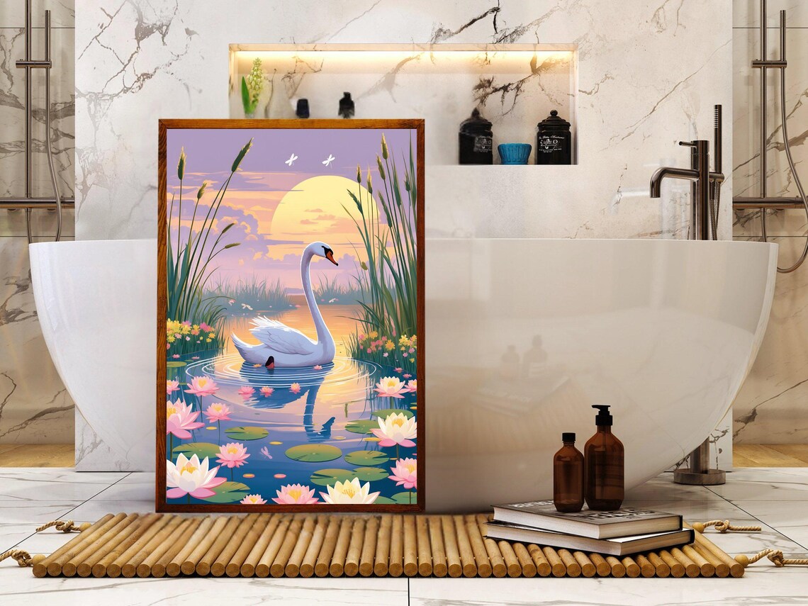 White Swan Swimming At Sunset Among Pink Water Lilies And Reeds Poster - Image 5