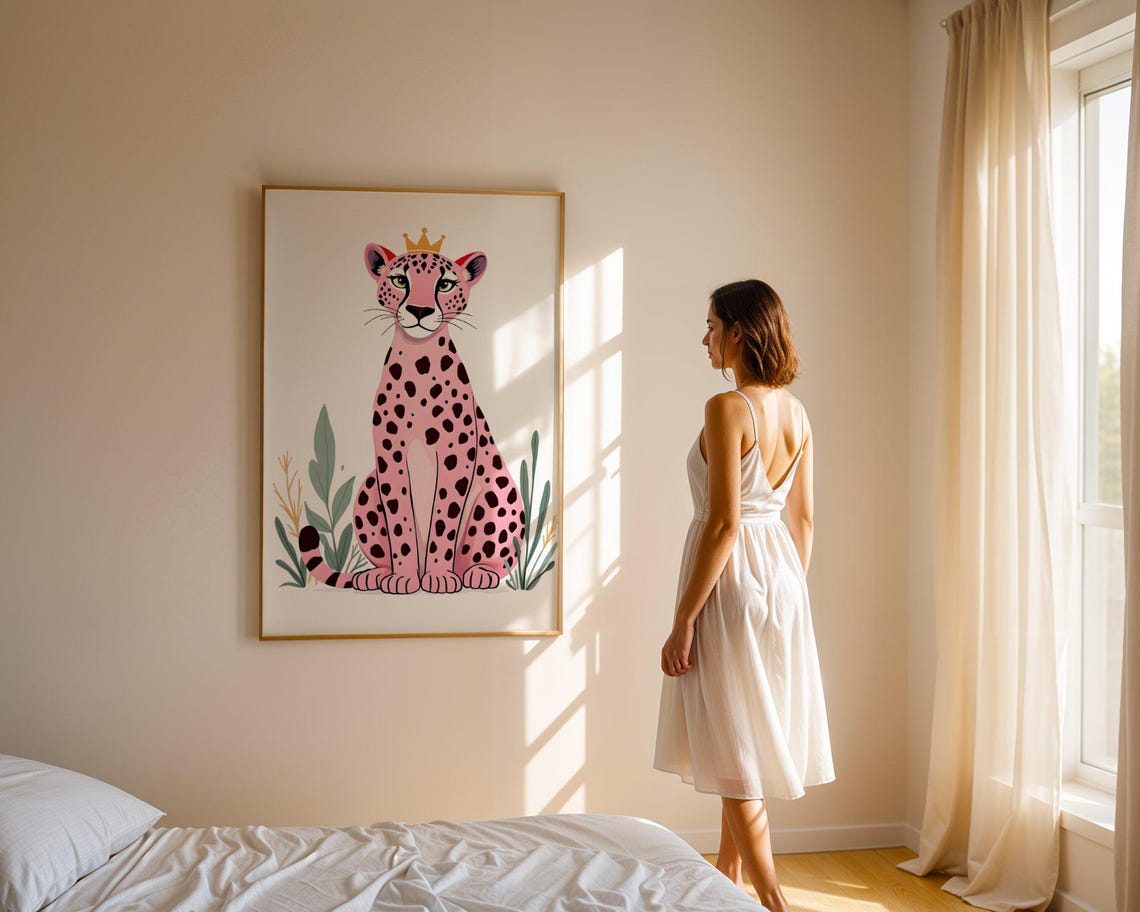 Pink Leopard with Gold Crown Sitting Among Leaves Nursery Poster - Image 4