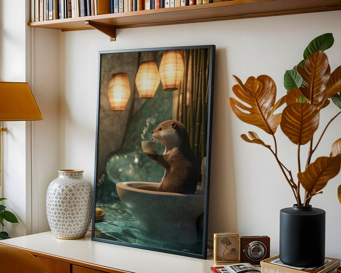 Relaxing Otter Enjoying A Steaming Cup In A Stone Bathtub Poster - Image 5