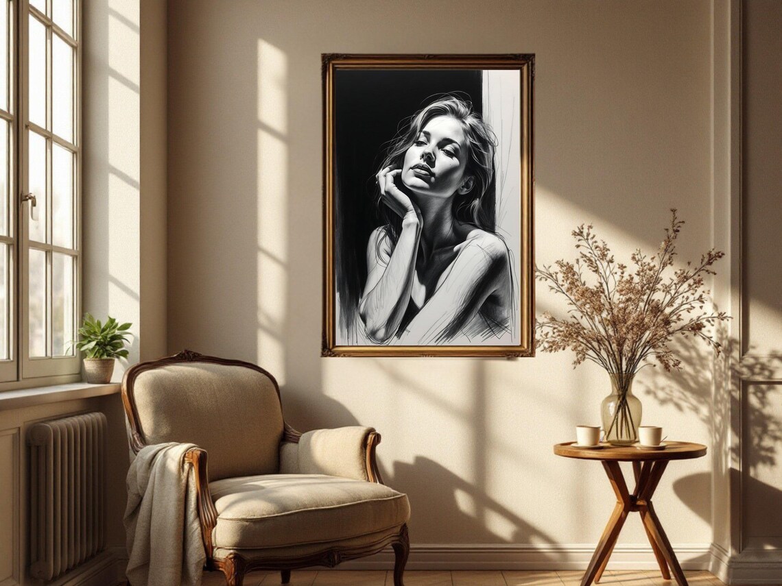 Charcoal Sketch Portrait of a Woman in Soft Light, B&W Poster - Image 2