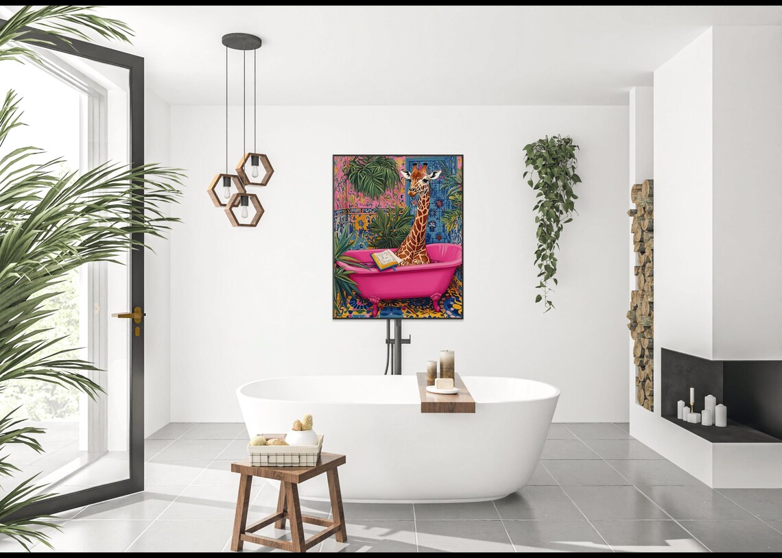 Giraffe Reading Book In Pink Bathtub Tropical Jungle Animal Poster - Image 4