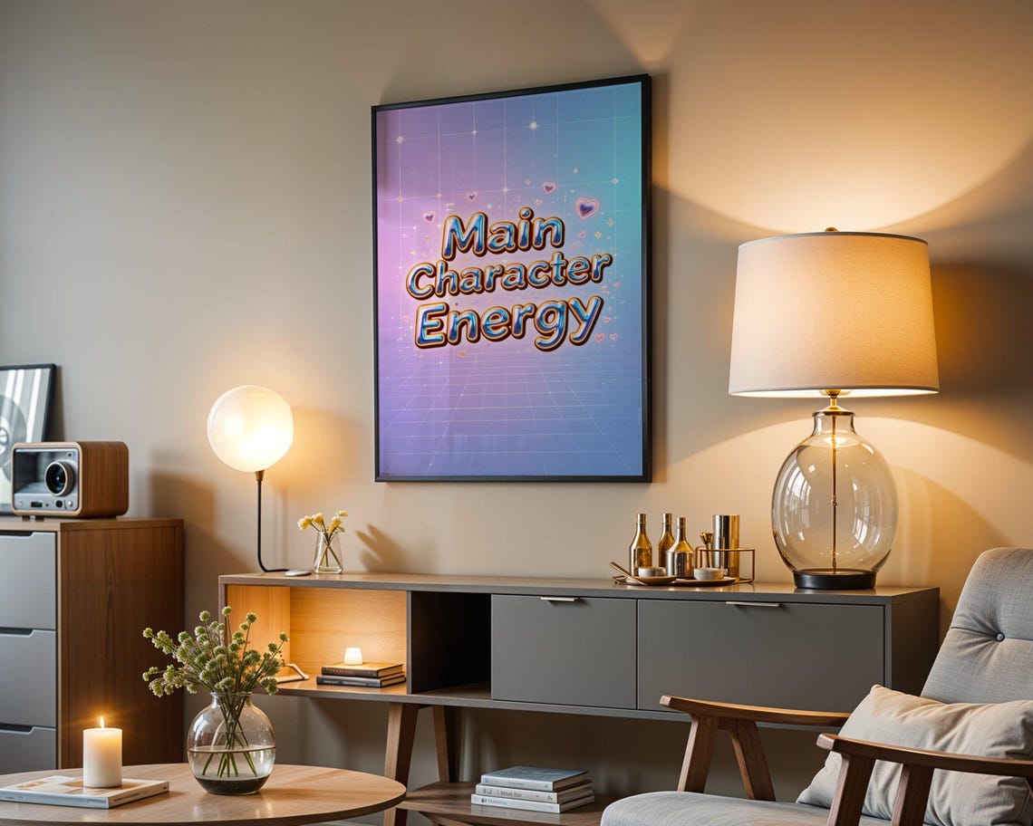 Main Character Energy Pink Retro Grid Hearts Typography Quote Poster - Image 4