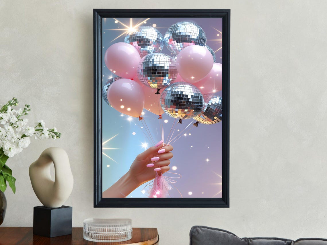 Hand Holding Disco Ball And Pink Balloon Bouquet Celebration Poster