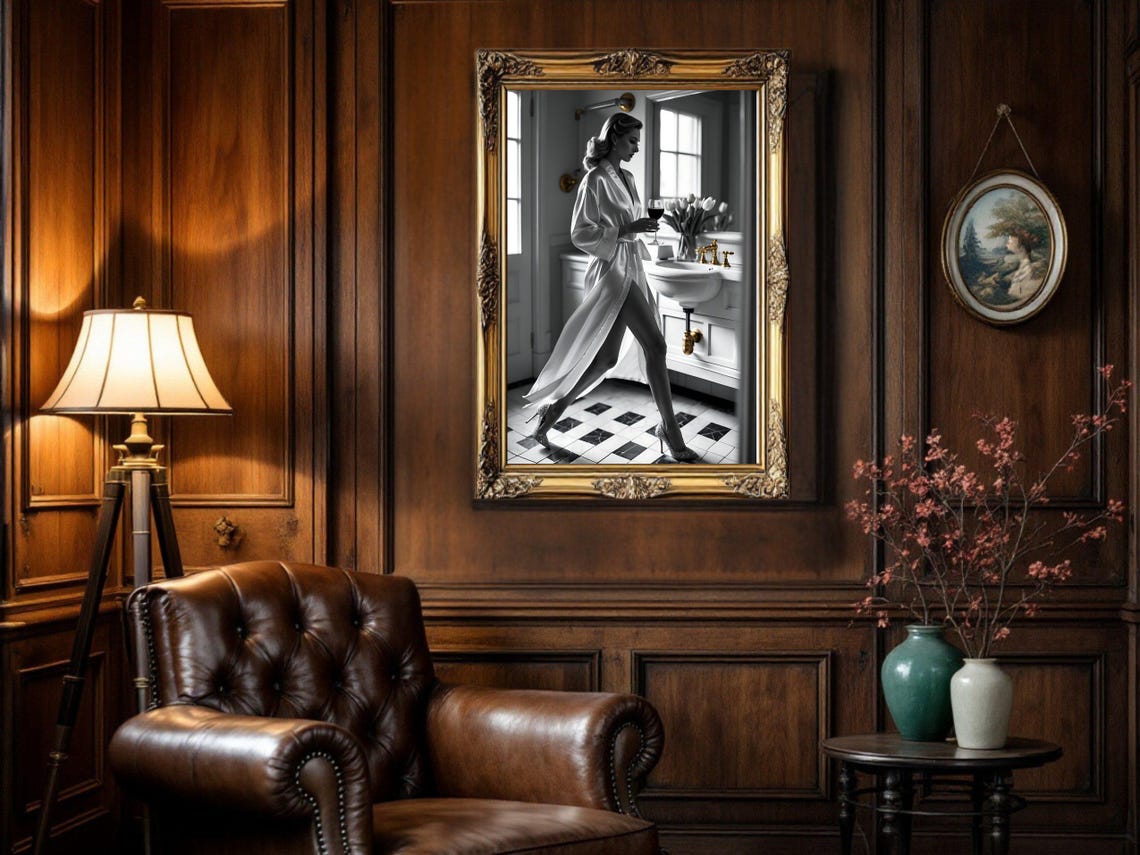 Woman in Silk Robe with Wine Glass in Vintage Bathroom Poster - Image 5