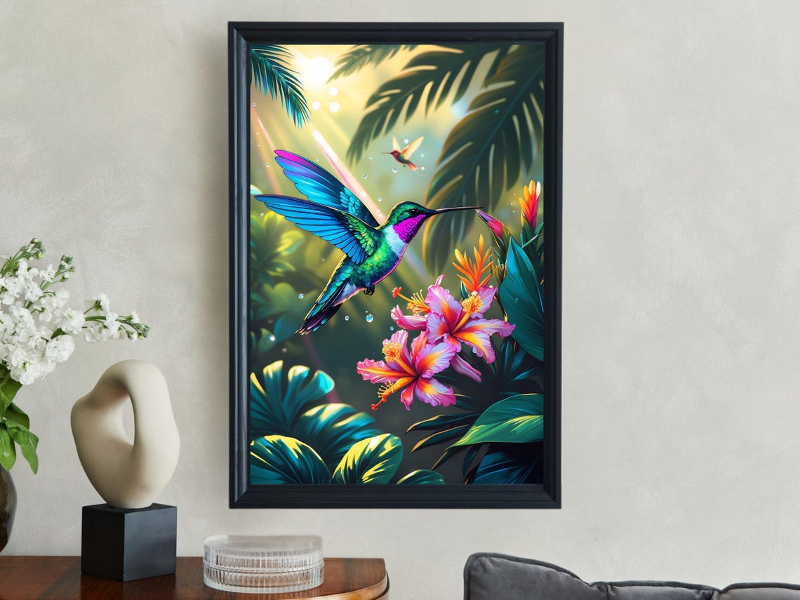 Iridescent Hummingbird Feeding At Hibiscus Flowers In A Sunbeam Poster