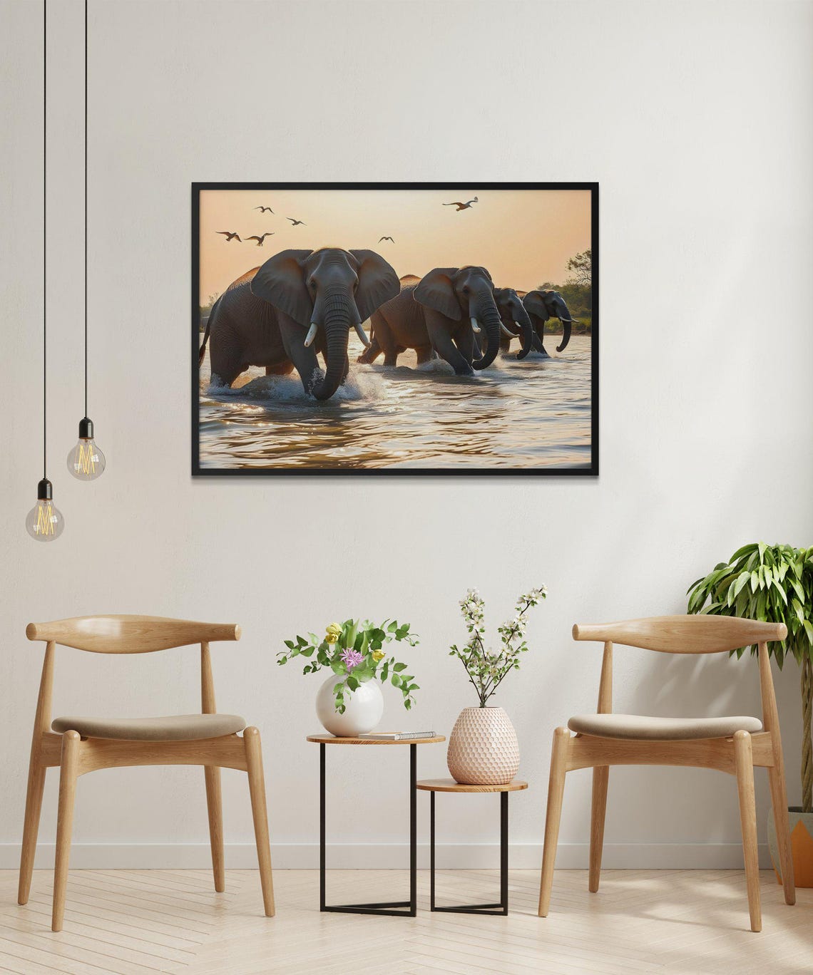Elephants Wading Through a River at Golden Sunset with Birds Poster - Image 2