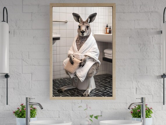 Cute Kangaroo Bathroom Wall Art Funny Animal Print Quirky Restroom Decor Humorous Wall Hanging Unique Bathroom Poster