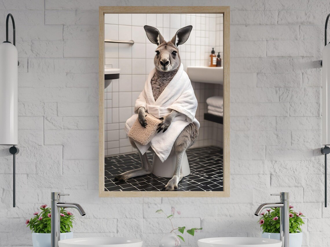 Cute Kangaroo Bathroom Wall Art Funny Animal Print Quirky Restroom Decor Humorous Wall Hanging Unique Bathroom Poster