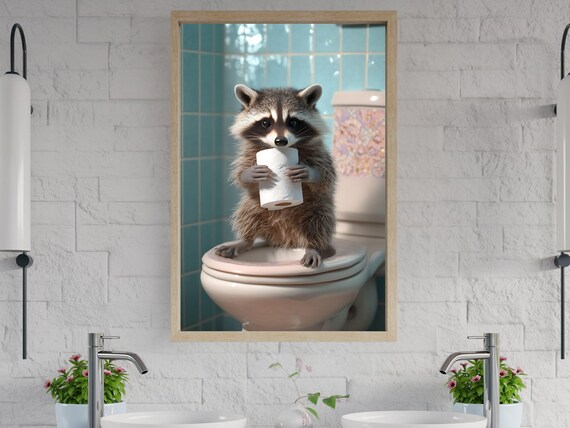 Cute Raccoon On Toilet Holding Toilet Paper Funny Bathroom Poster