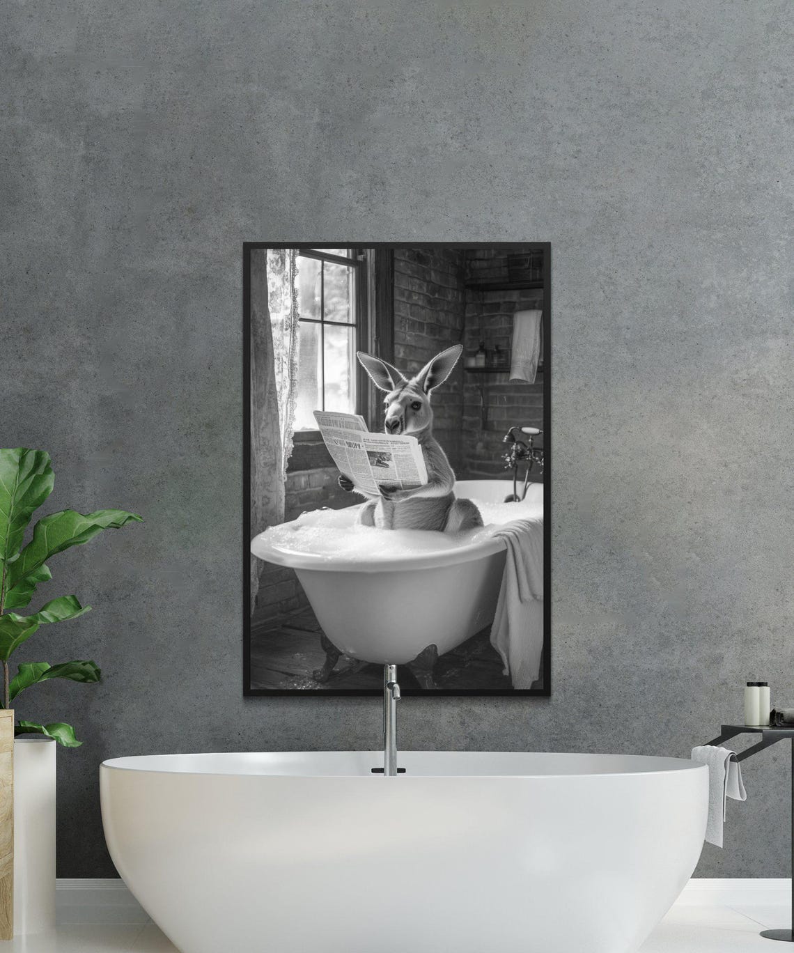 Kangaroo Reading a Newspaper in a Bathtub Black White Poster - Image 2