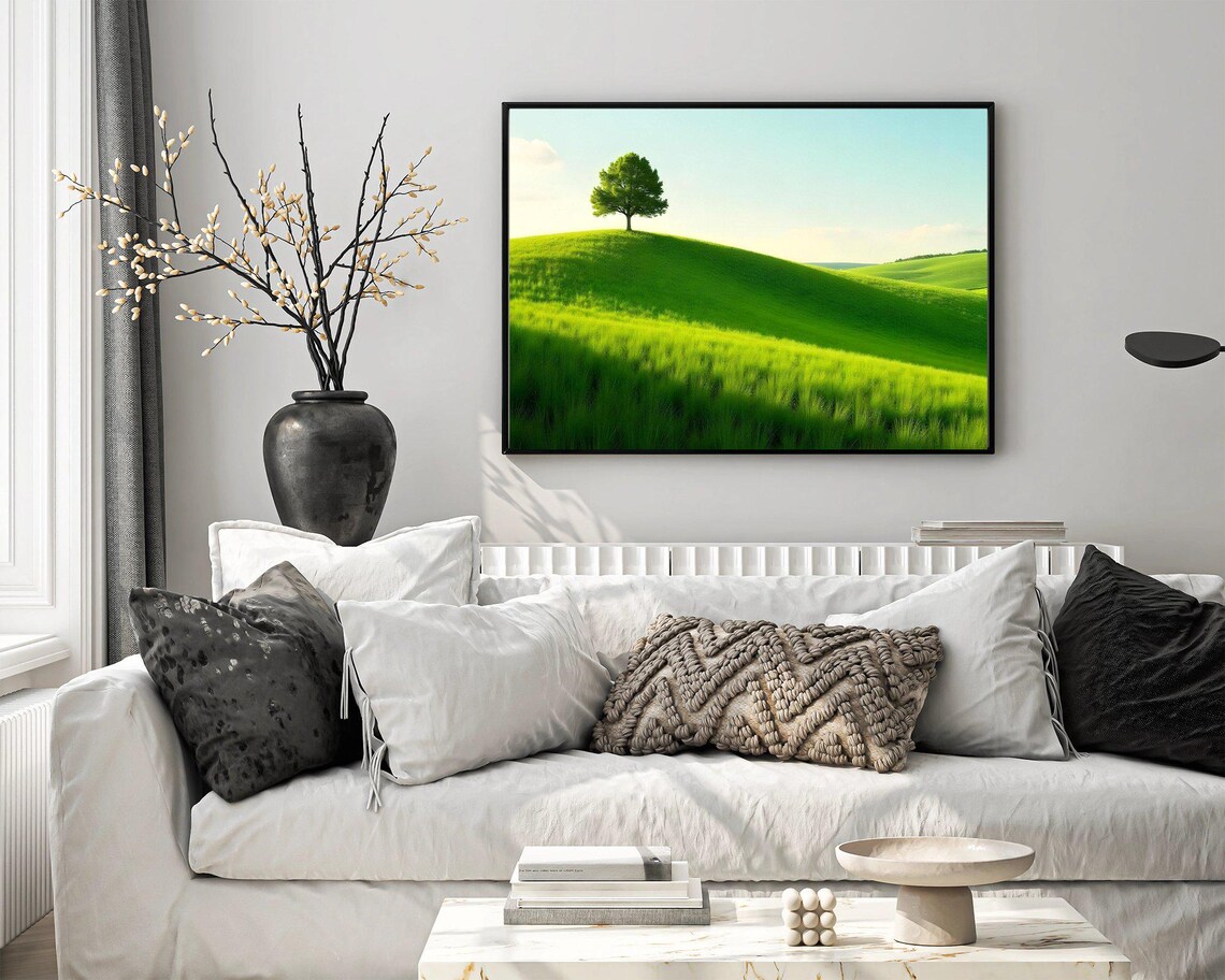Tranquil Green Hill With Lone Tree Wall Art Serene Landscape Painting Peaceful Nature Scene Calming Green Field Artwork - Image 4