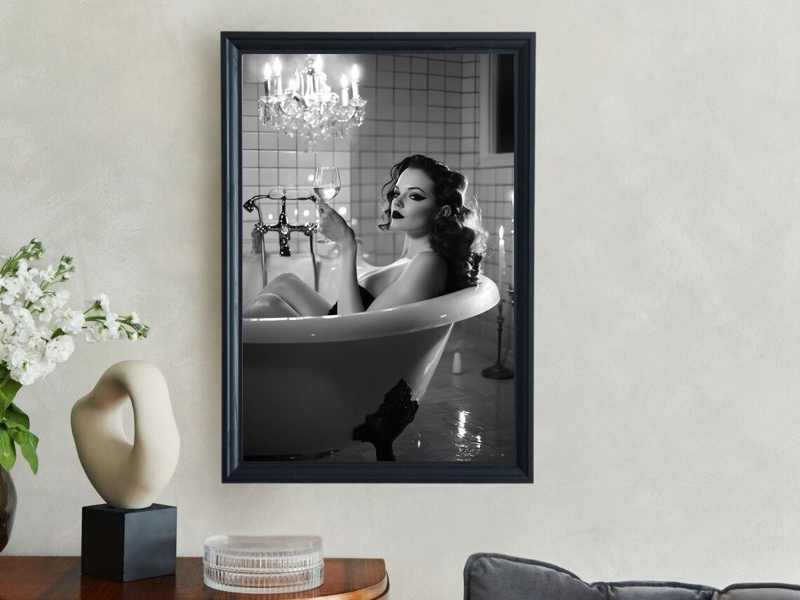 Glamorous Vintage Wall Art Elegant Black And White Bathroom Decor Retro Woman In Bathtub Print Candlelit Ambiance Classic Luxury - Image 3