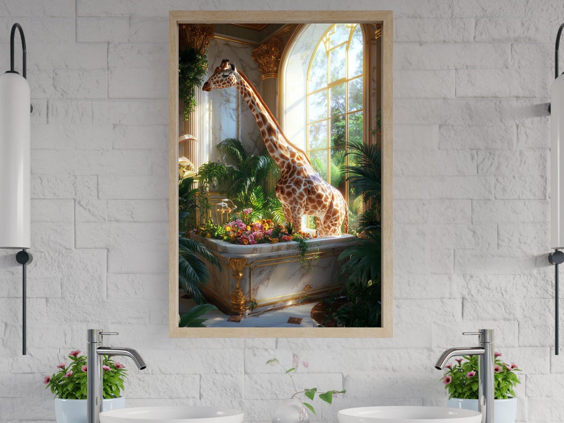 Giraffe in a Sunlit Marble Tub by Tall Arched Windows Day Poster